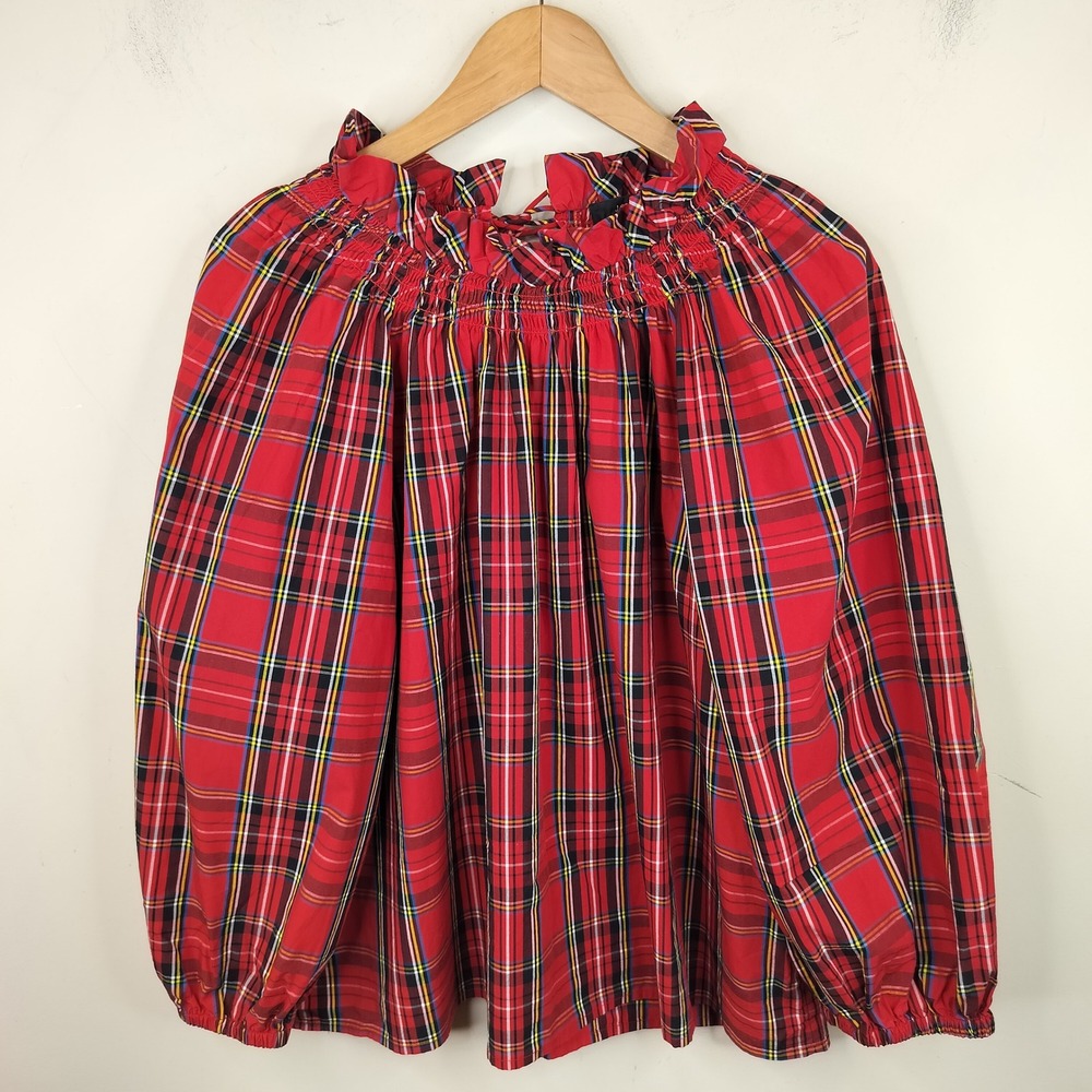 J.Crew Plaid Smocked Neck Blouse XXL Balloon Sleeve Lace Up Back Holiday Red